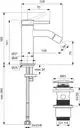 Bidetarmatur von Ideal Standard mit einem Hochdruck-Auslauf, kompaktem Design und verschiedenen Anschlussmöglichkeiten. Maße und technische Details sind im Bild angegeben.